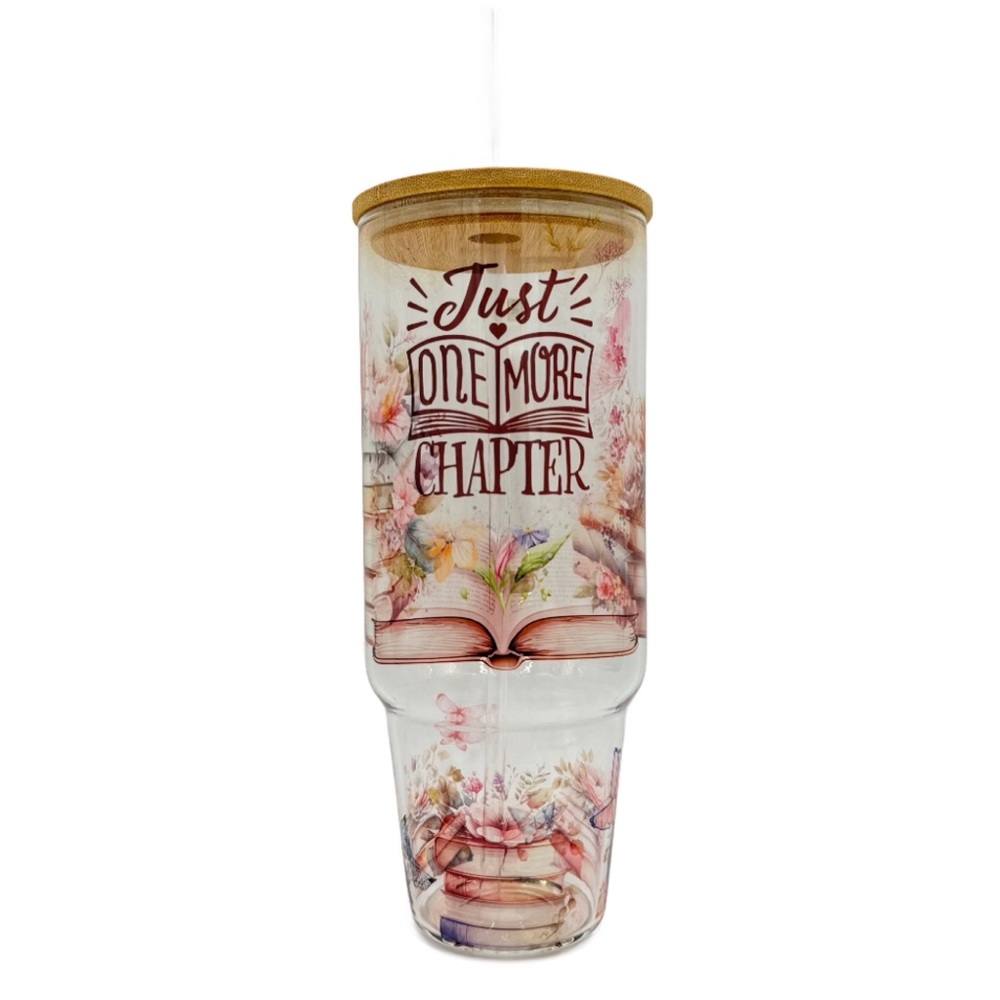 40oz Clear Glass tumbler with handle and lid Just Another Chapter